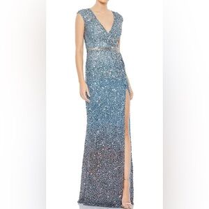 Mac Duggal Cap Sleeve Sequined High Slit Gown 5489
